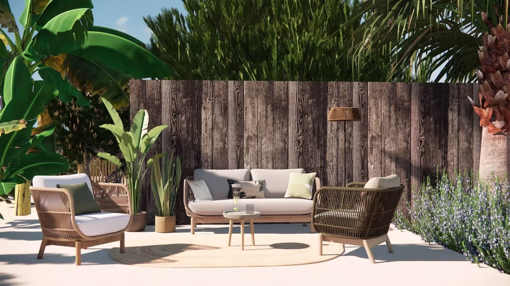 jardin 3D avec canapés d'extérieur