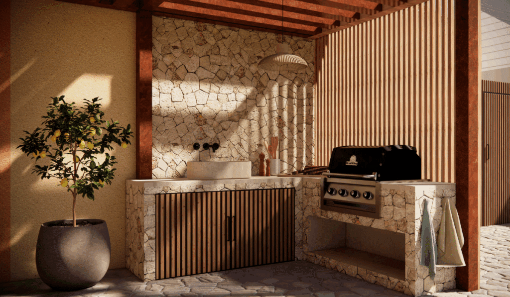 idée aménagement jardin : une cuisine d'été sous une pergola