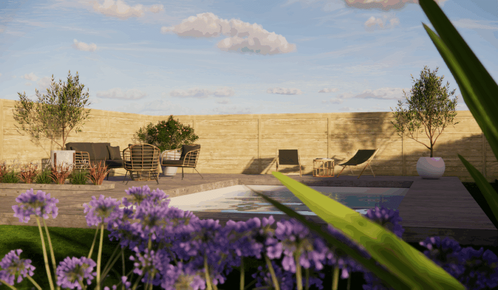 dessin de jardin en 3D avec piscine