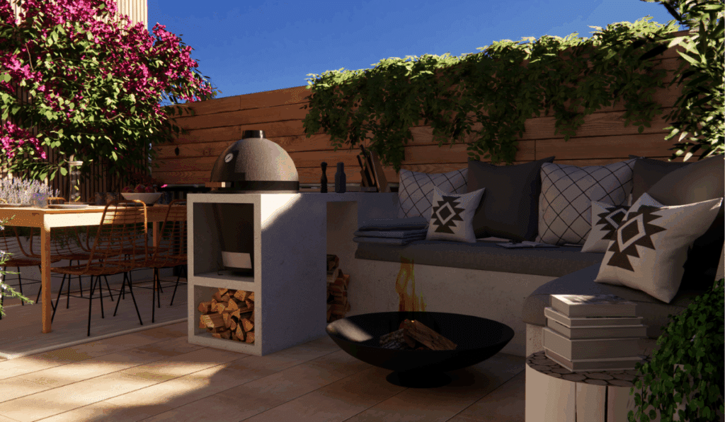 Salon banquette et brasero 3D à Sainte Jammes sur Sarthe (2)