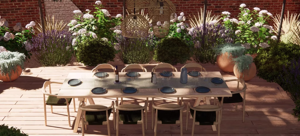 jardin 3D avec grande table à manger extérieure