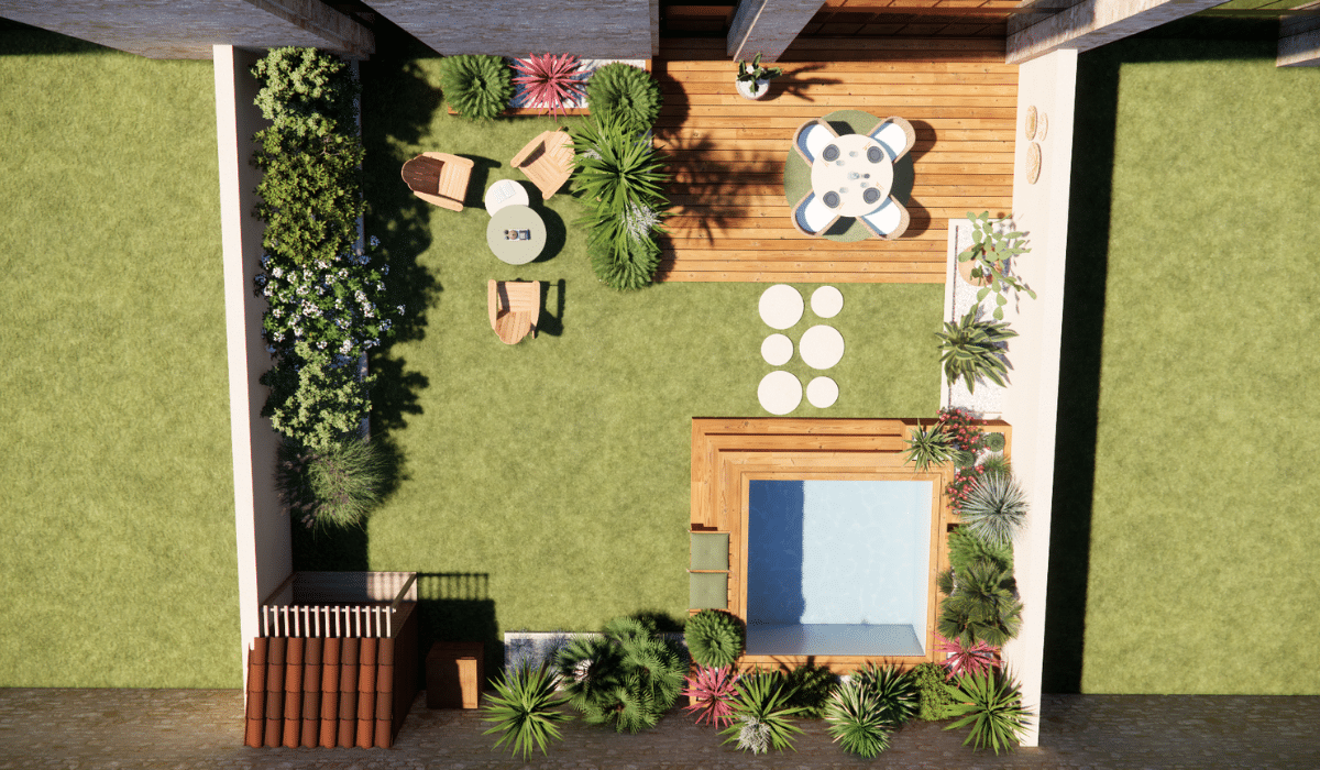 vue du dessus d'un jardin aménagé 2D à Bordeaux