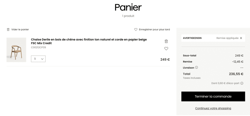 Code promo kave home renseigné dans le panier de la commande