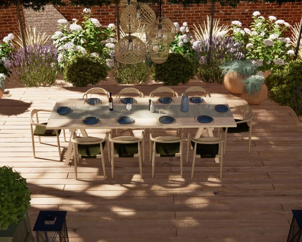 Espace repas dans jardin 3D-exemple comment aménager sa terrasse avec des plantes