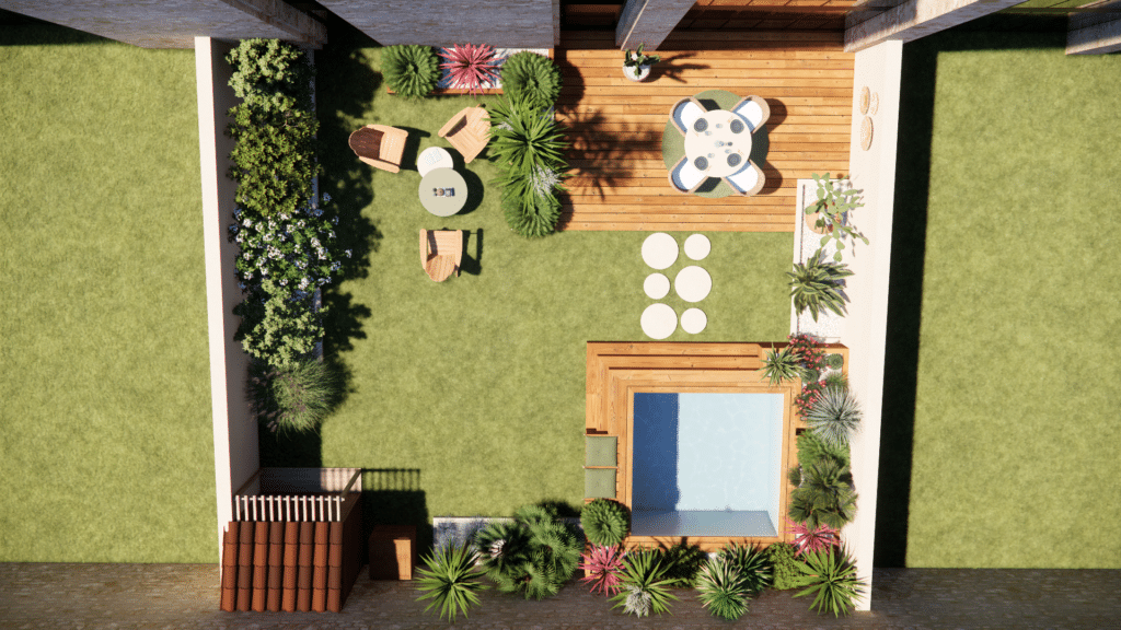 Plan de jardin de 300 m² avec aménagement extérieur structuré