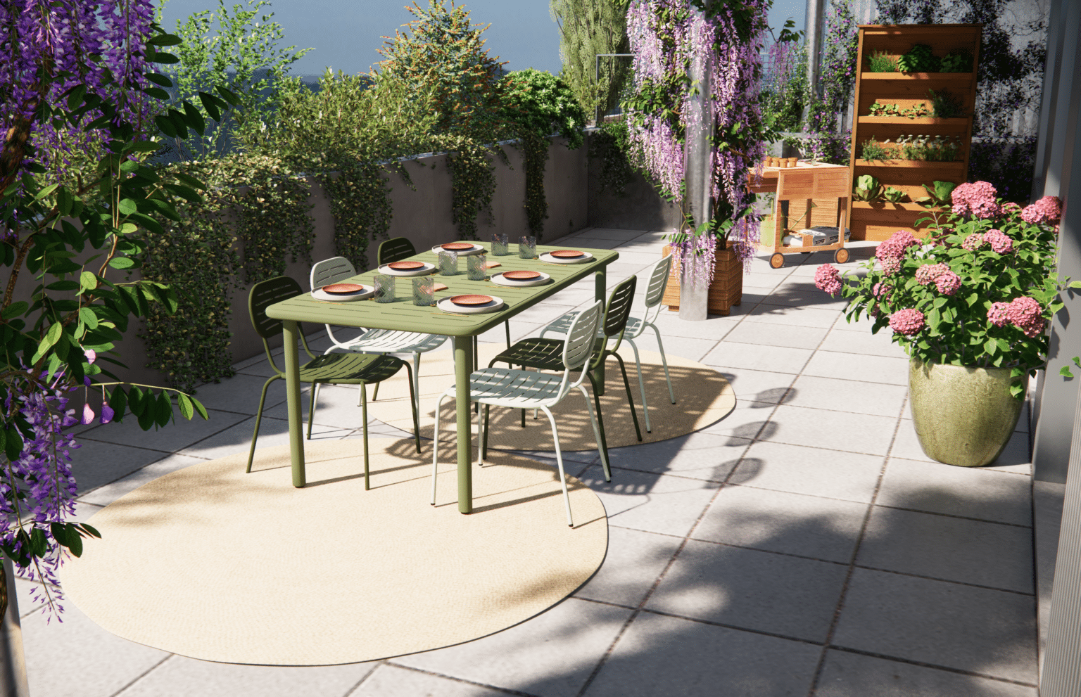 Espace repas dans aménagement 3D d'une terrasse