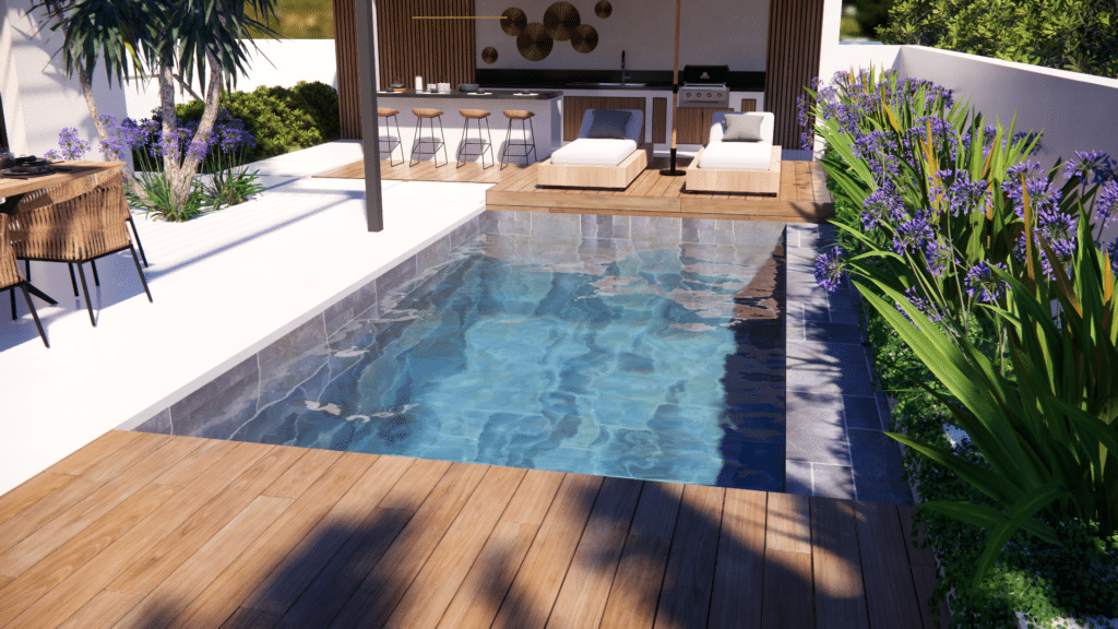 Aménagement paysager autour d'une piscine avec pool house