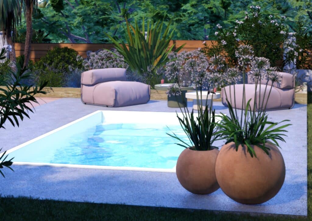 Aménagement paysager avec piscine et plage en moquette de pierre