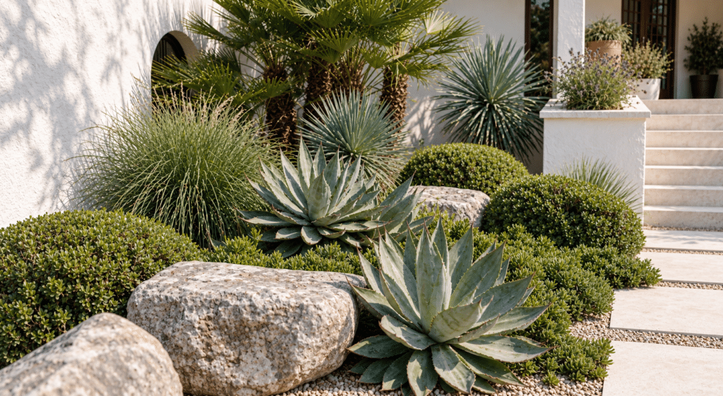 Jardin sec devant maison moderne