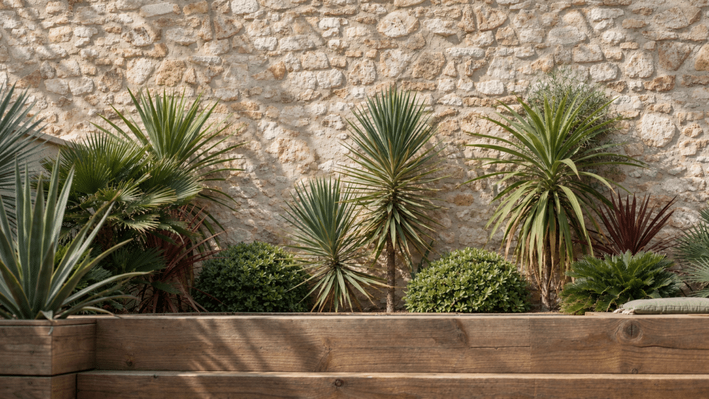 Jardin méditerranéen ensoleillé aux yuccas et agaves