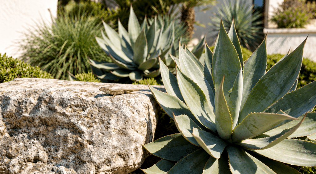 Lézard au soleil sur agave dans jardin sec