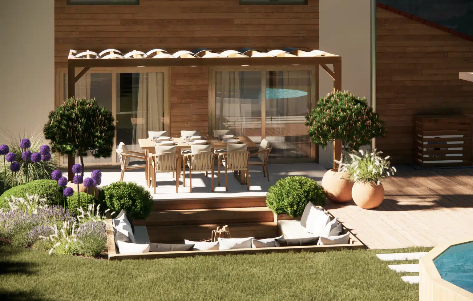 Vue 3D de l'espace brasero et espace repas pour ce projet à Val-de-Chaise