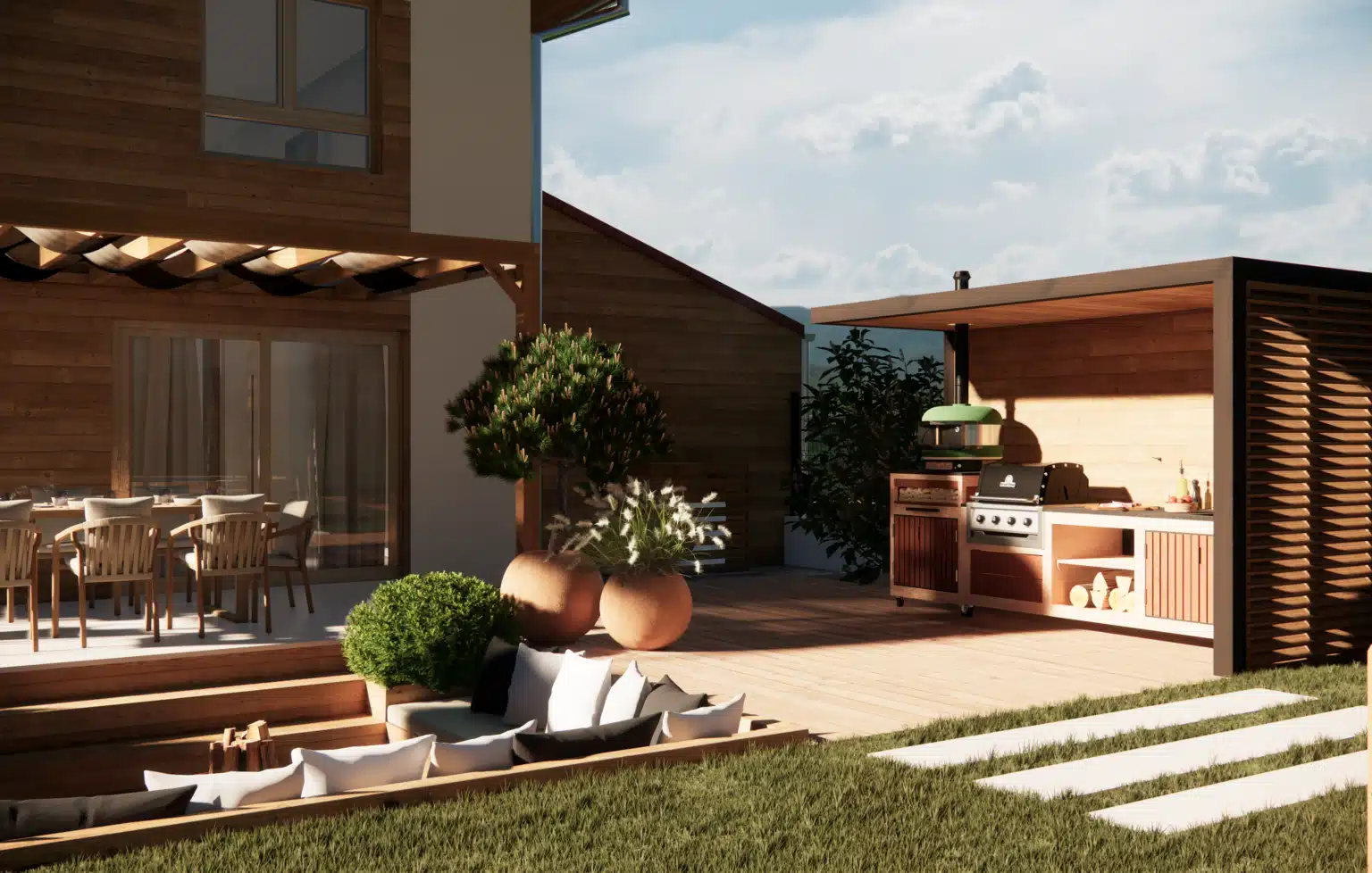 Visuels 3D de l'espace cuisine d'extérieure de ce projet en Haute-Savoie.