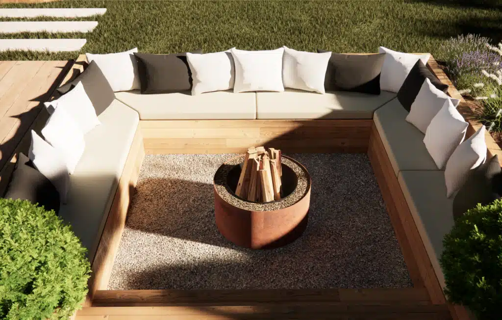 conception 3D d'un Espace brasero dans un futur jardin en Haute-Savoie