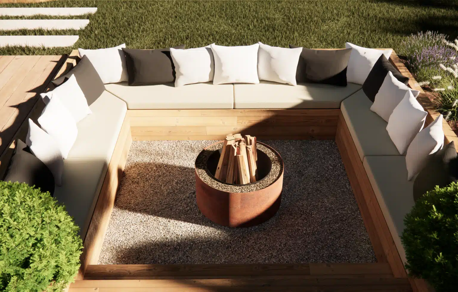 conception 3D d'un Espace brasero dans un futur jardin en Haute-Savoie