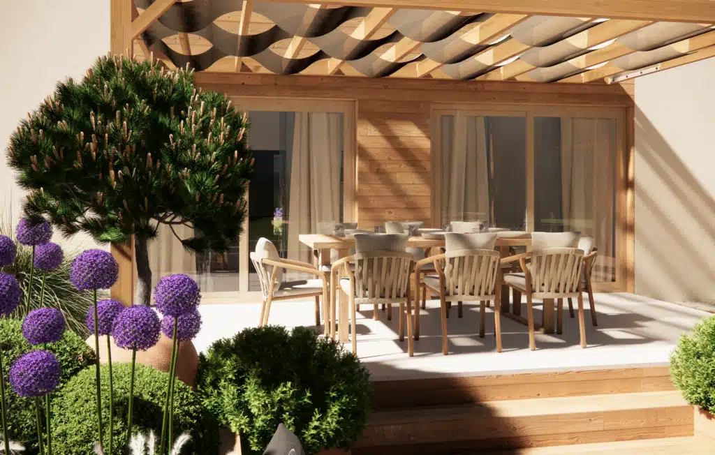 conception d'un espace repas sur terrasse ombragée paysager et fleurit à Val-de-Chaise