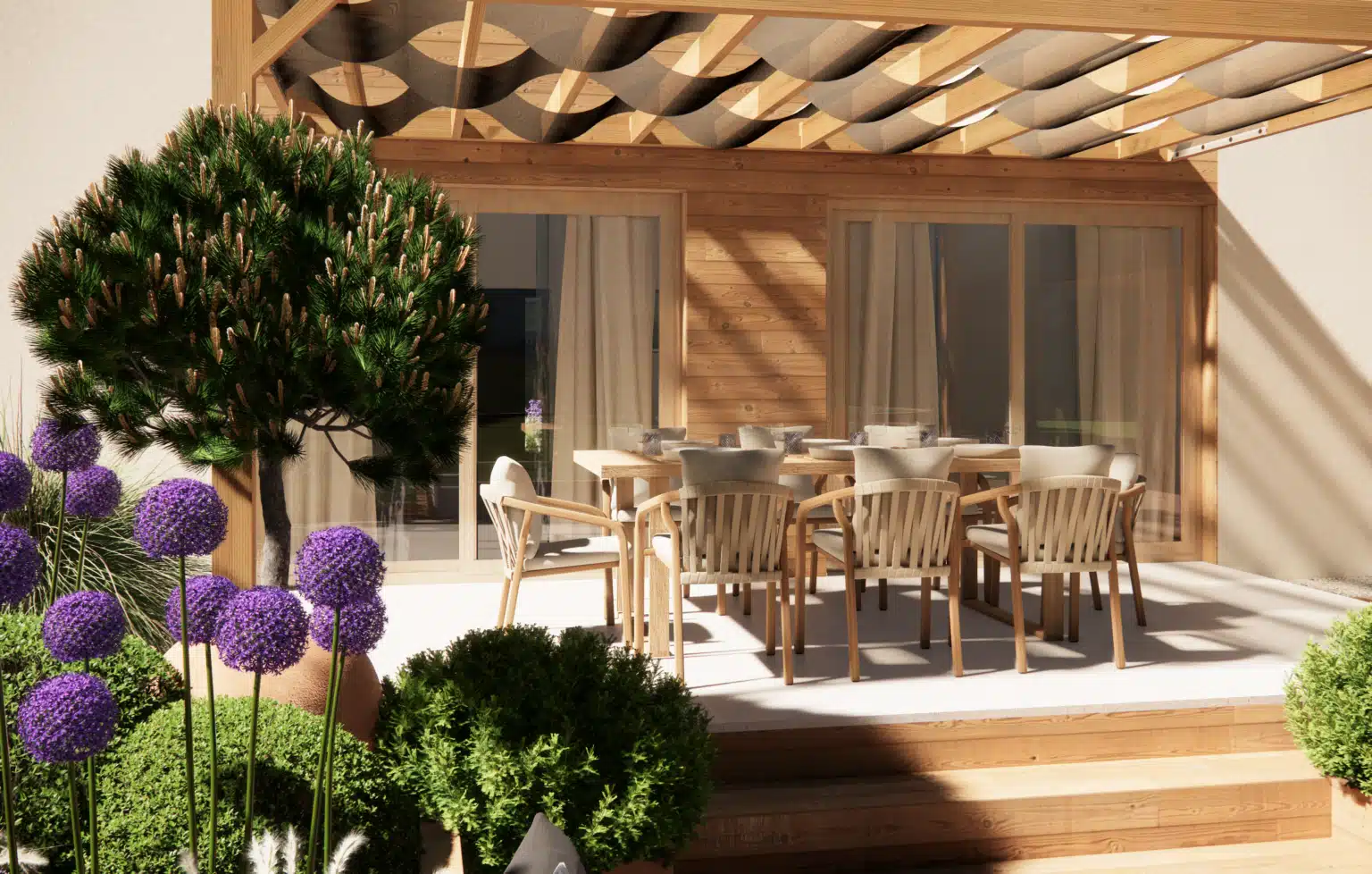 conception d'un espace repas paysager et fleurit à Val-de-Chaise