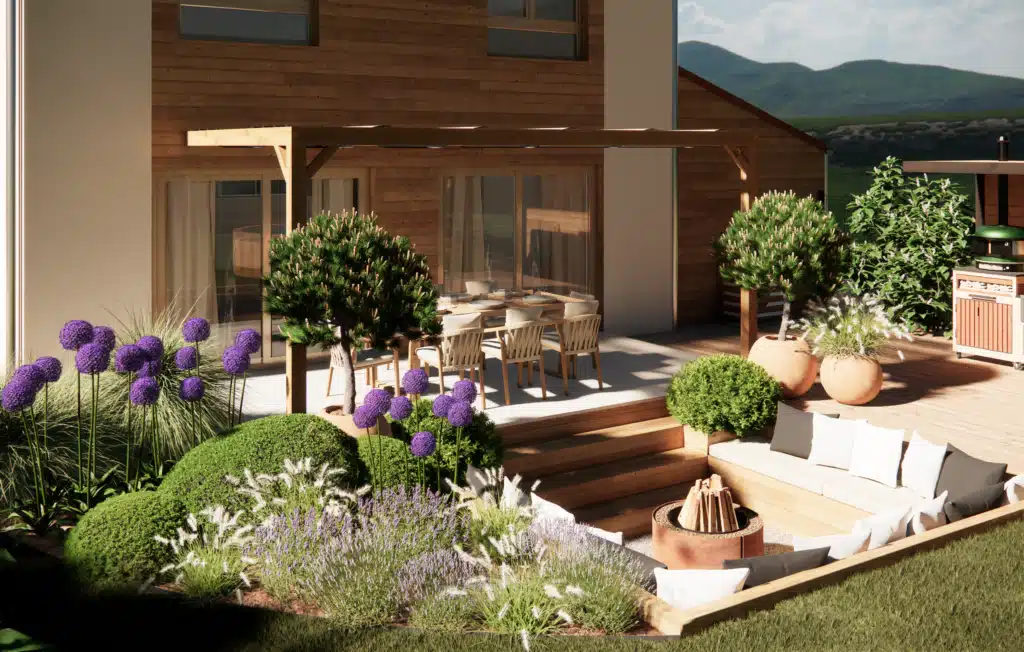 Aménagement paysager avec terrasse, pergola et espace brasero en Haute-Savoie Aménagement paysager avec terrasse, pergola et espace brasero en Haute-Savoie