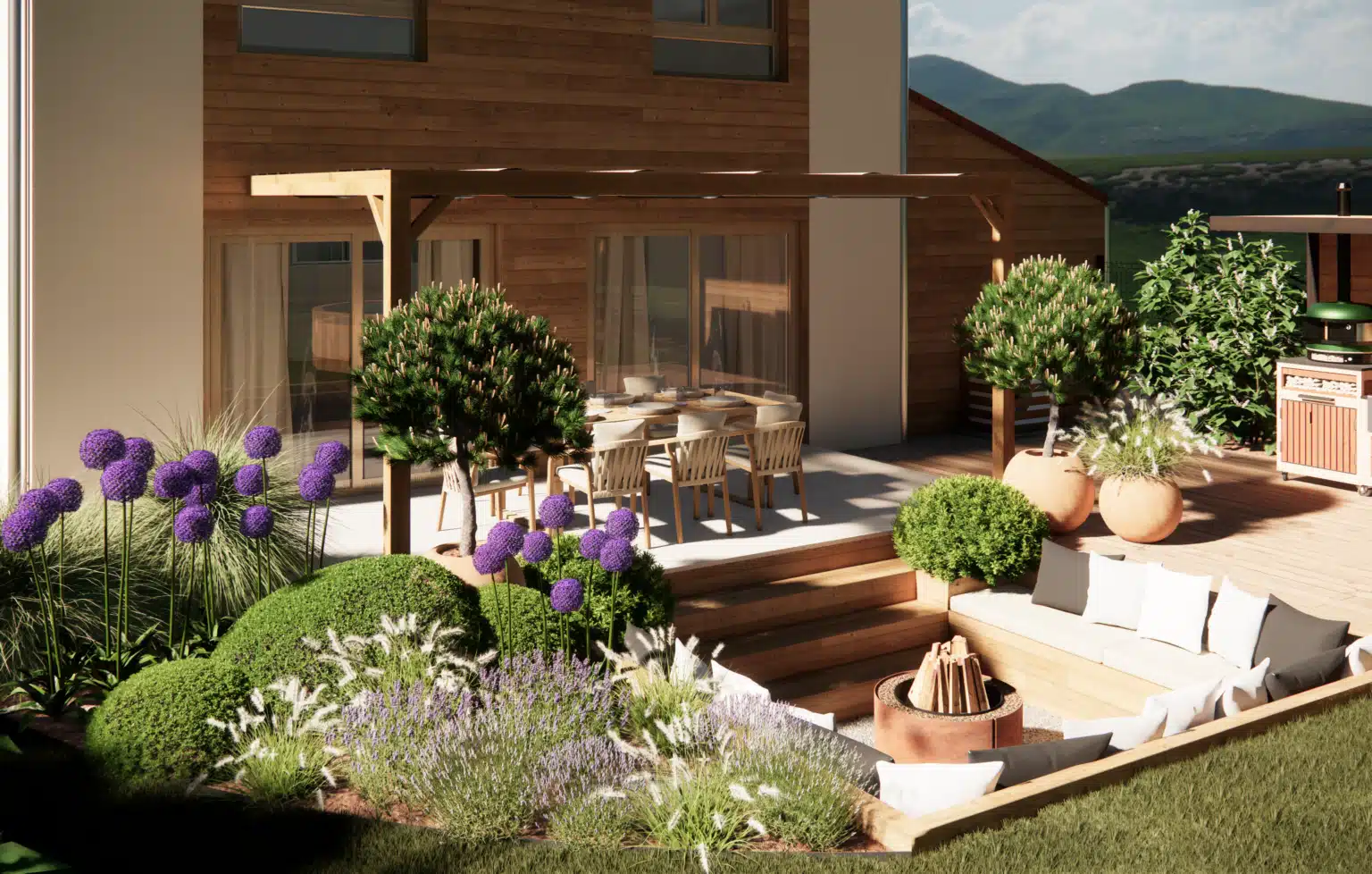 Aménagement paysager avec terrasse, pergola et espace brasero en Haute-Savoie