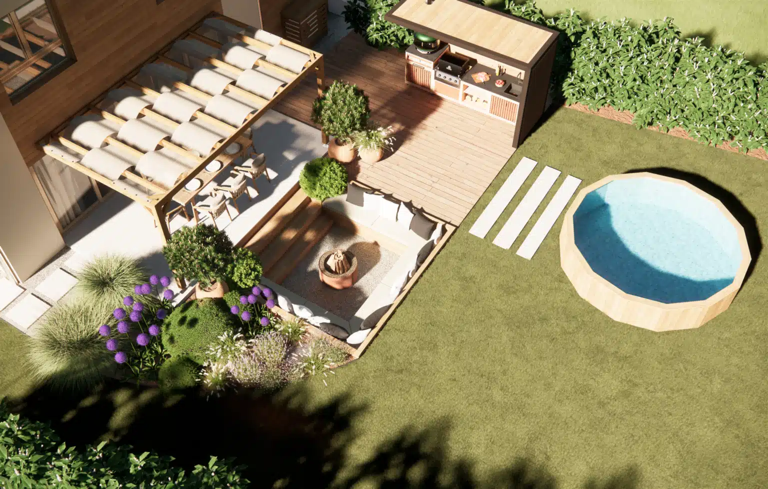 Vue aérienne d'un aménagement paysager conçu pour une maison en cours de construction à Val-de-Chaise en Haute-Savoie