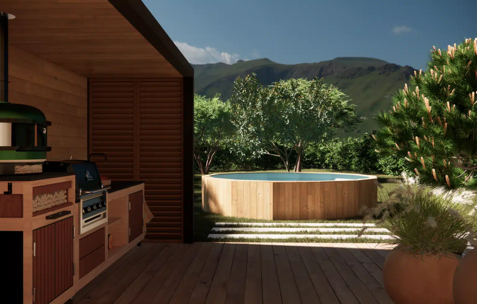 Vue 3D de la piscine hors-sol pour ce projet d'aménagement paysager dans à Val-de-Chaise