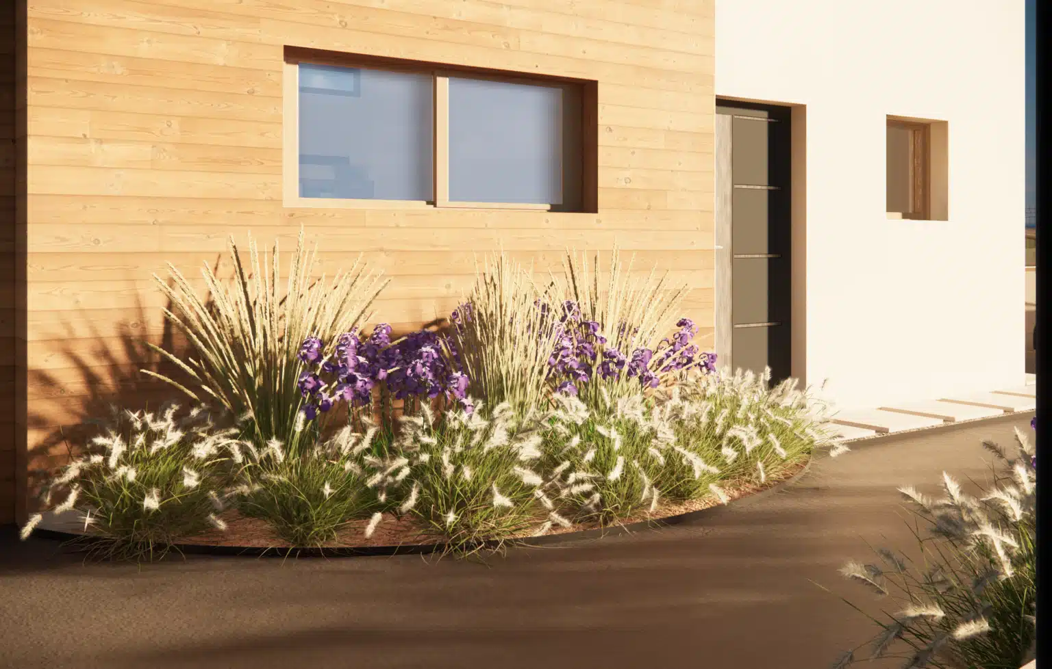 Massif fleurit à l'entrée de la maison à Val-de-Chaise