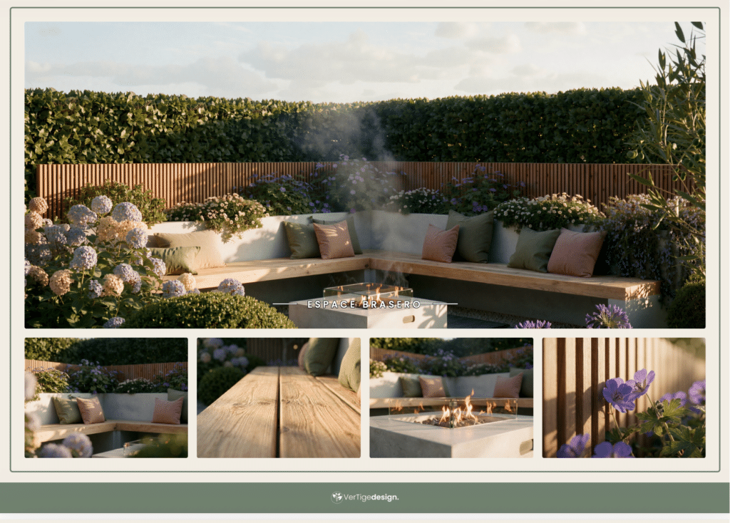 exemple étude paysagère : plans et visuels 3D de jardin avec un espace brasero