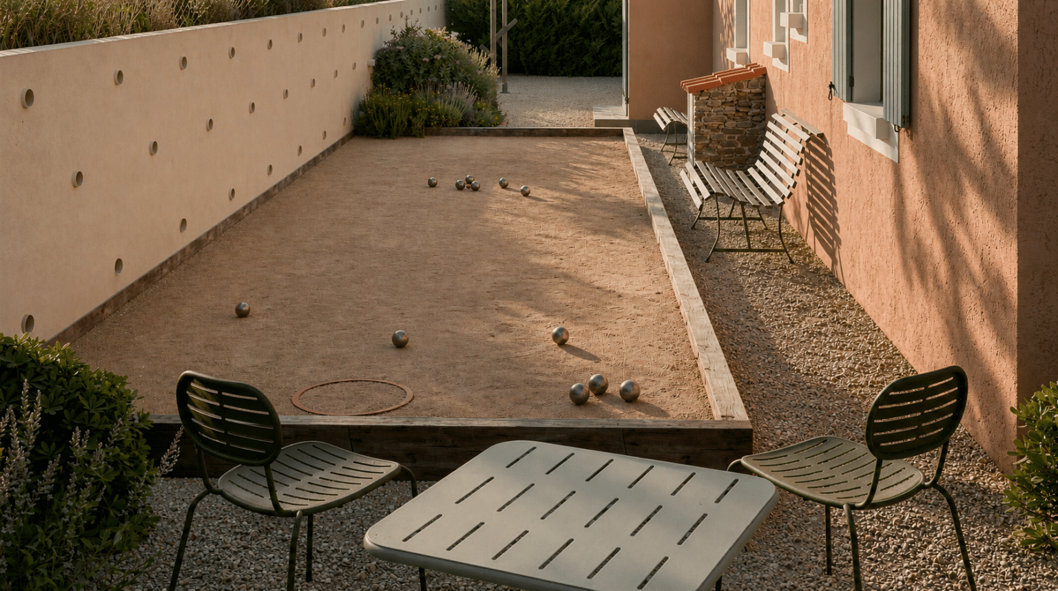 conception 3D d'un terrain de pétanque dans un jardin méditerranéen dans le Vaucluse