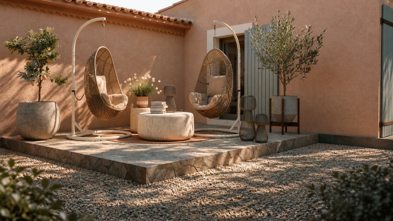 conception 3D d'une terrasse avec deux fauteuils suspendus et table basse dans le style méditerranéen