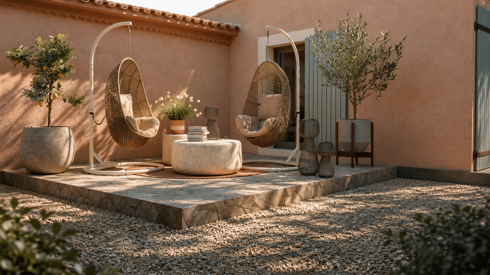 conception 3D d'une terrasse avec deux fauteuils suspendus et table basse dans le style méditerranéen
