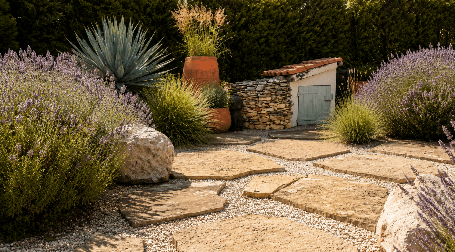 chemin d'accès à une borie dans jardin 3D méditerranéen