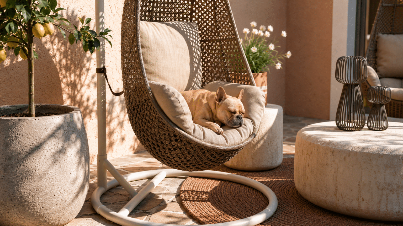 visuels 3D d'un chien qui dors dans un fauteuil suspendu