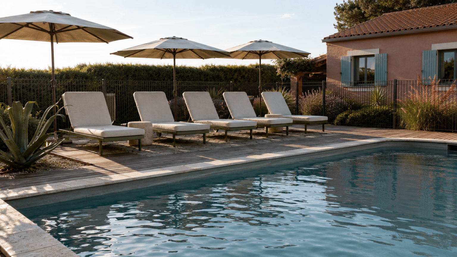 terrasse avec bains de soleil au bord d'une piscine