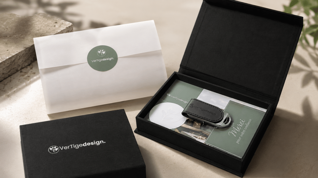 clé usb dans son boitier en lin dans laquelle se trouve l'étude paysagère VerTige-design.
