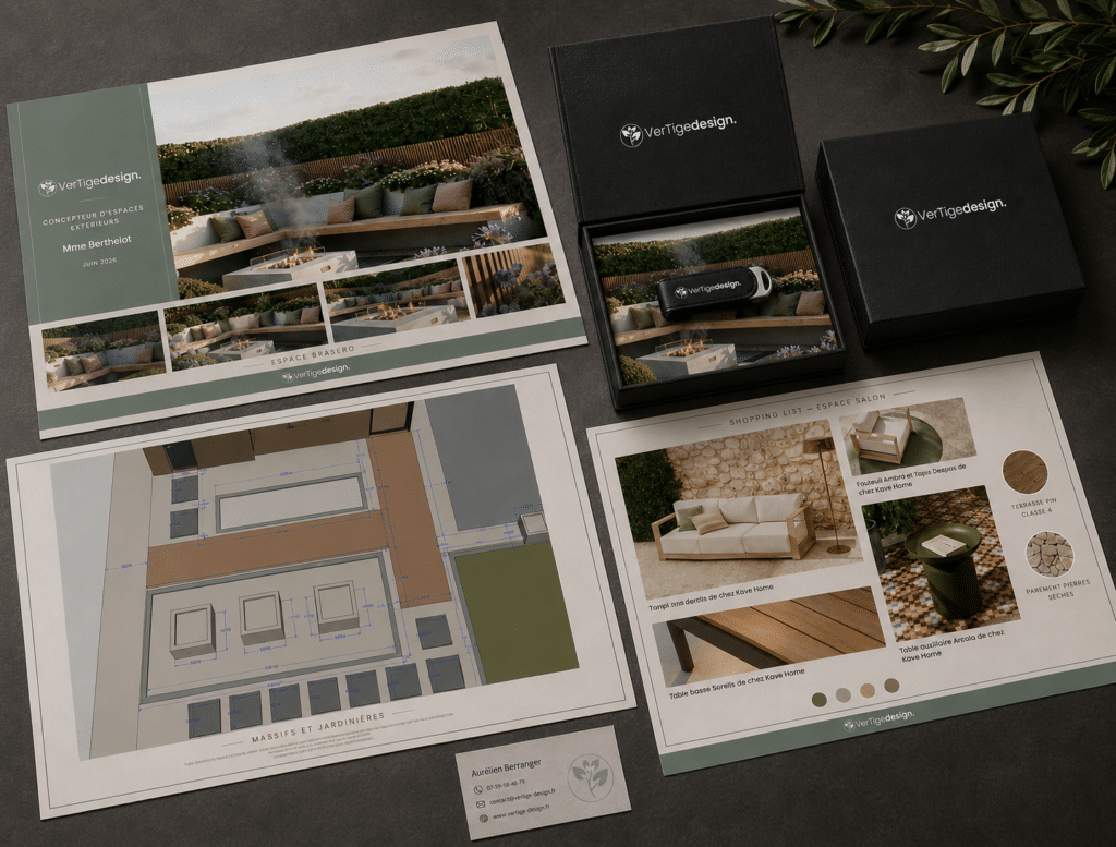 Clé USB de VerTige-design concepteur paysagiste avec plan paysager, visuels 3D, plans cotés
