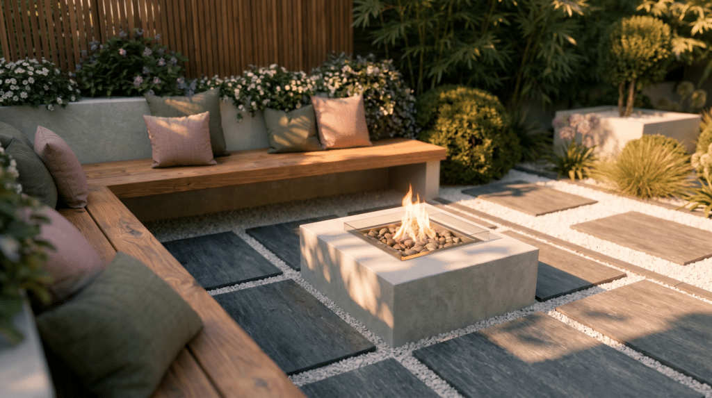 Visuels 3D d'un espace Brasero avec des bancs