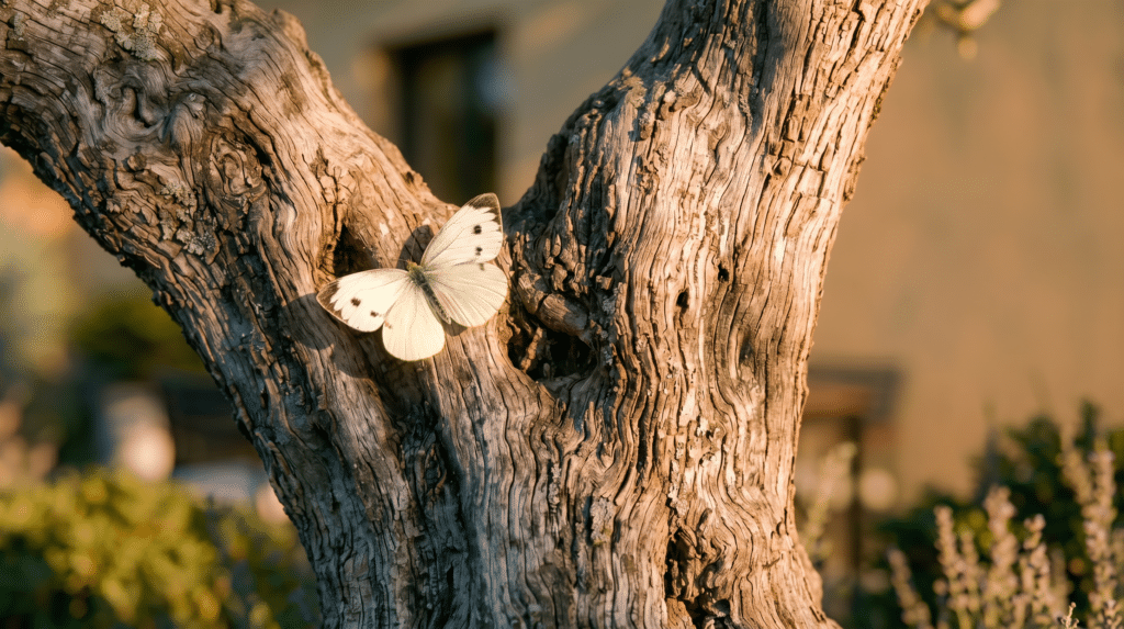 Papillon blanc posé sur un tronc d'olivier