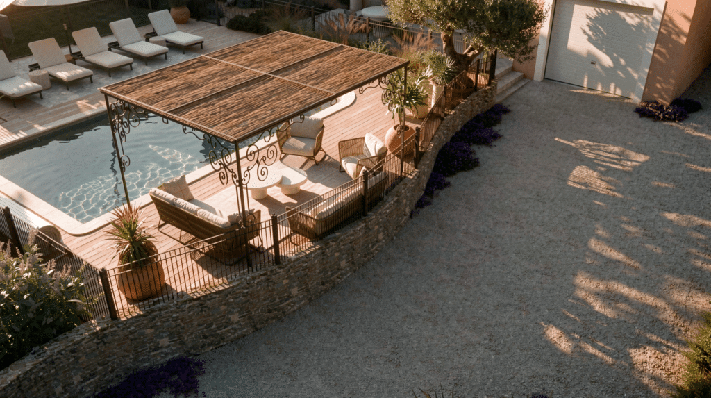 modélisation 3D d'un espace salon auprès d'une piscine avec pergola en fer forgé