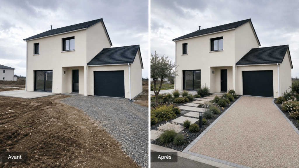 photo comparative d'une photo d'une maison en construction sans aménagement paysager et la même maison avec un aménagement paysager
