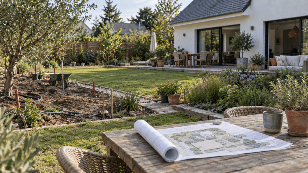 Jardin en cours d'aménagement par phases : massif en terrassement avec gaines électriques rouges et piquets de jalonnement à gauche, pelouse, terrasse et salon de jardin déjà réalisés à droite, plan de jardin déroulé sur une table en bois au premier plan