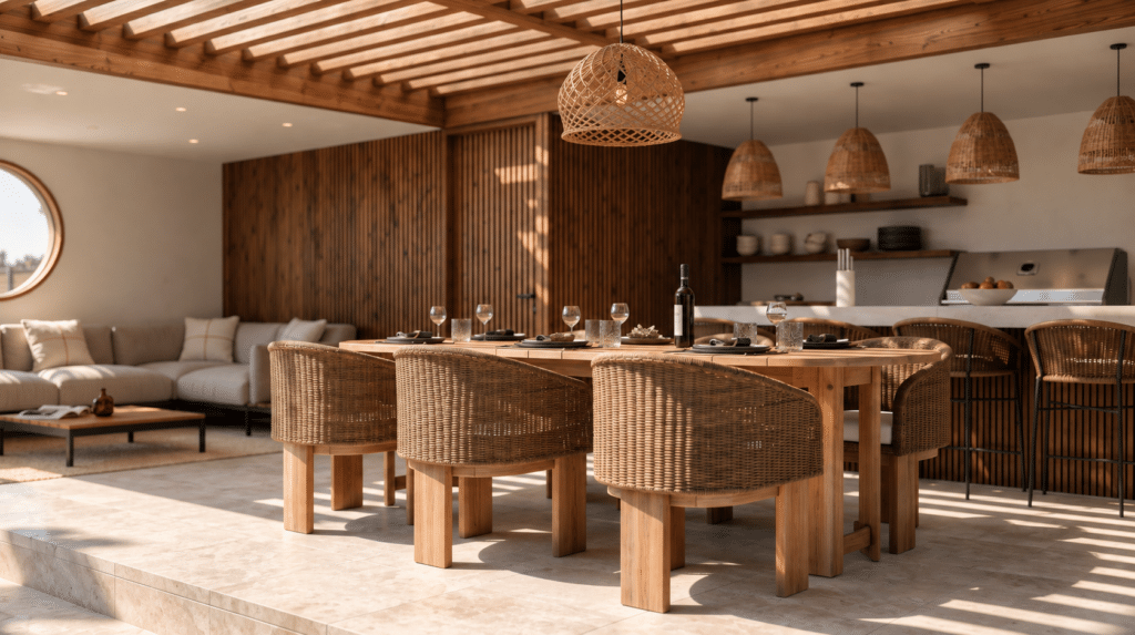Rendu 3D réaliste d'un espace de vie extérieur couvert : pergola en bois, cuisine d'été avec plancha et îlot bar, grande table à manger en bois entourée de fauteuils en rotin, canapé d'angle et suspensions en fibre naturelle sur dallage en pierre claire