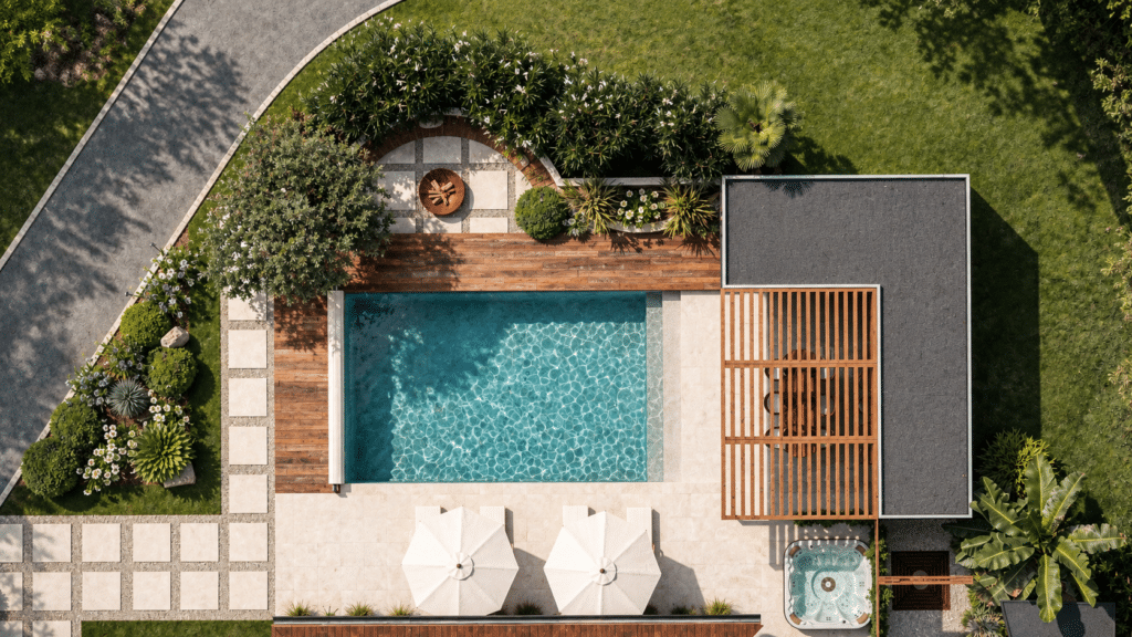 Vue du dessus en 3D d'un aménagement extérieur complet : piscine rectangulaire bordée d'une plage en pierre claire et d'une terrasse en bois, pool house à toiture grise, pergola à claire-voie, spa, deux parasols blancs, brasero sur terrasse pavée, massifs de lauriers-roses et palmiers, allée en pas japonais sur pelouse