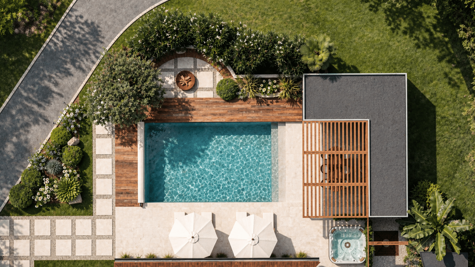 Plan de jardin 3D conçu par un concepteur de jardin 3D. plan de jardin montrant un aménagement paysager autour d'une piscine